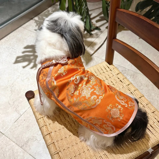 ORIENTAIL | Crimson Flame Dragon Vest – Oriental Gold Brocade Pet Tang Suit